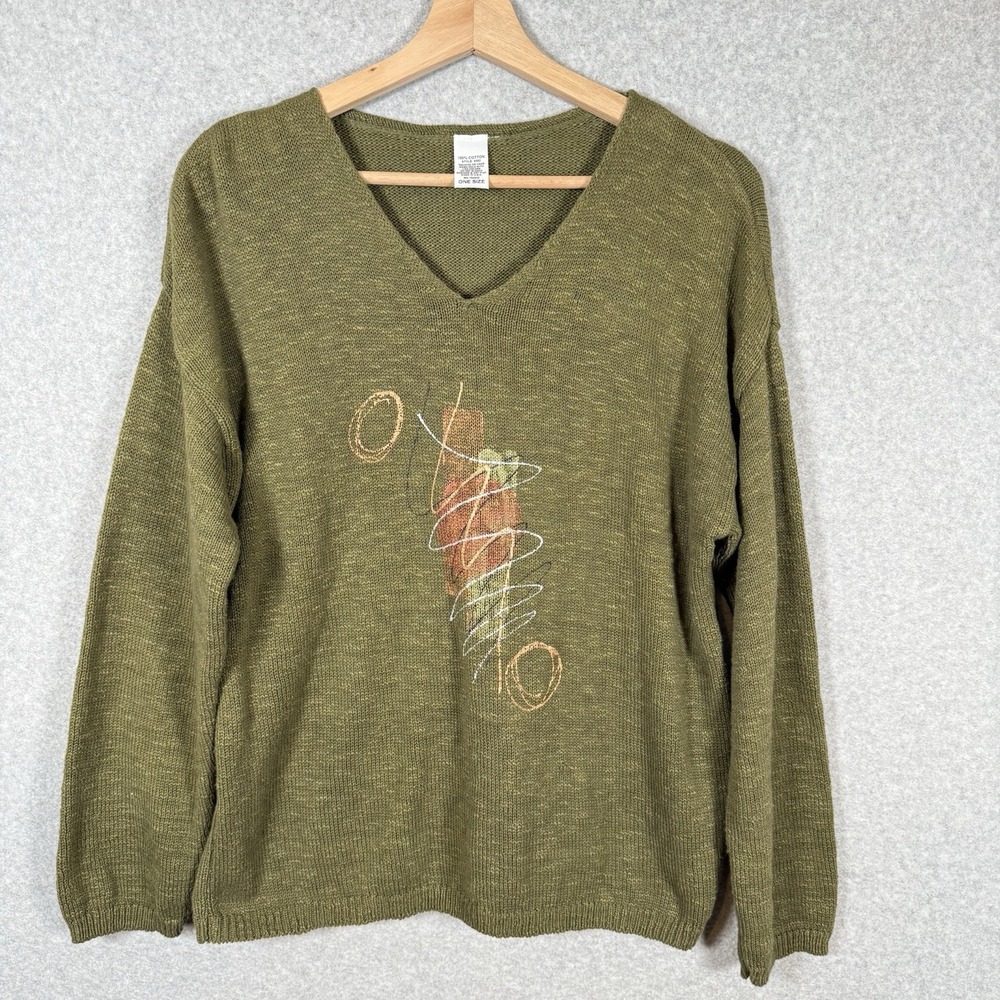 Absolutly Creative Worldwide Sweater Womens One Size Cotton Green Art To Wear